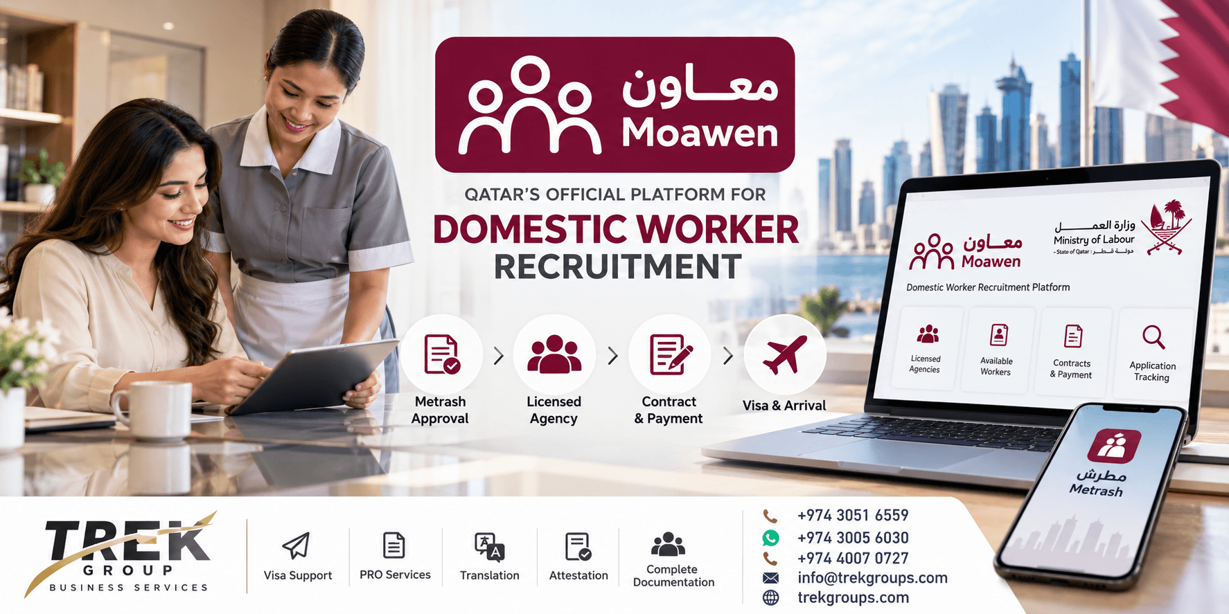 Moawen Platform Qatar 2026 – Domestic Worker Recruitment, Metrash Approval, Contracts & Ministry of Labour Guide